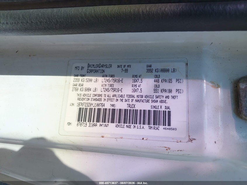 DODGE RAM 2500 2000 VIN 1B7KF23Z0YJ100764