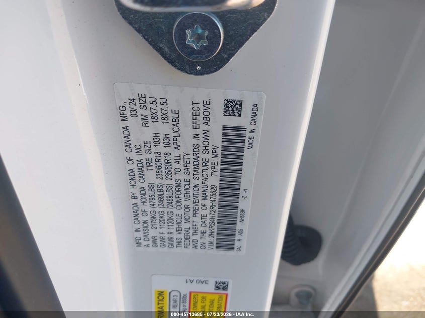HONDA CR-V 2024 VIN 2HKRS4H72RH475529