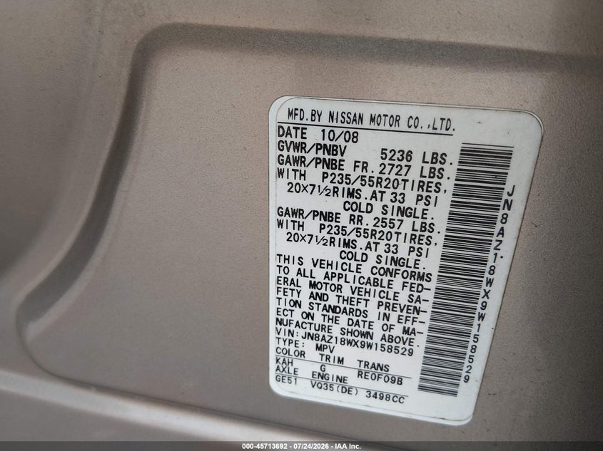 NISSAN MURANO 2009 VIN JN8AZ18WX9W158529