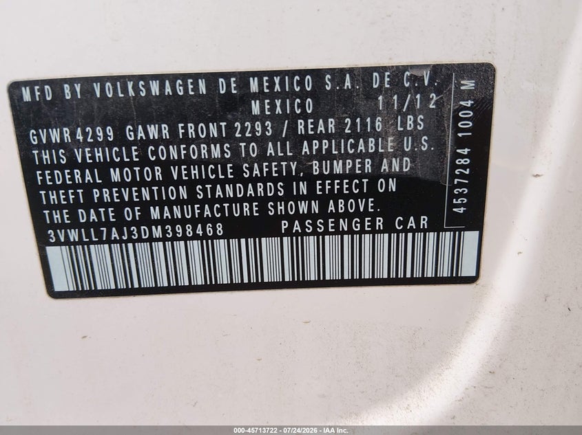 VOLKSWAGEN JETTA 2013 VIN 3VWLL7AJ3DM398468