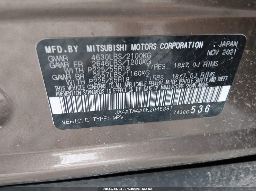 MITSUBISHI ECLIPSE CROSS 2022 VIN JA4ATWAA6NZ048881