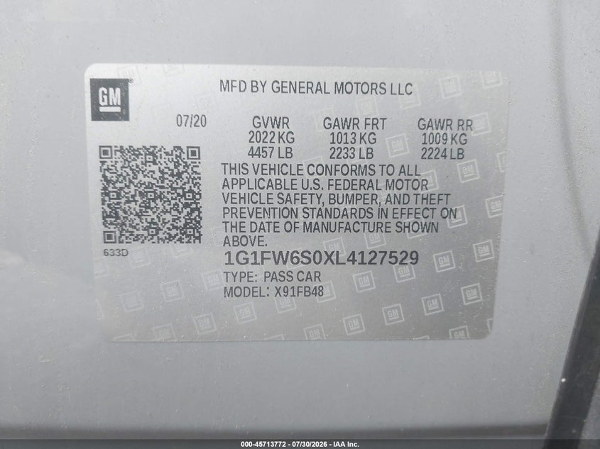 CHEVROLET BOLT EV 2020 VIN 1G1FW6S0XL4127529