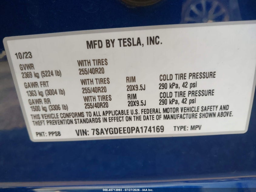 TESLA MODEL Y 2023 VIN 7SAYGDEE0PA174169