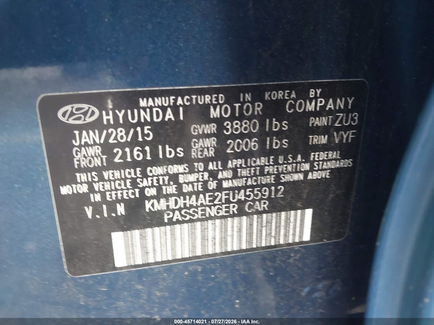 2015 HYUNDAI ELANTRA SEDAN 1.8L I-4 DOHC, VVT, 145HP