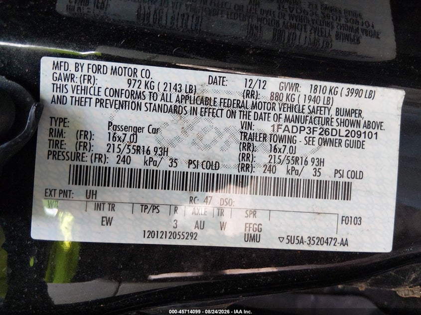 FORD FOCUS 2013 VIN 1FADP3F26DL209101