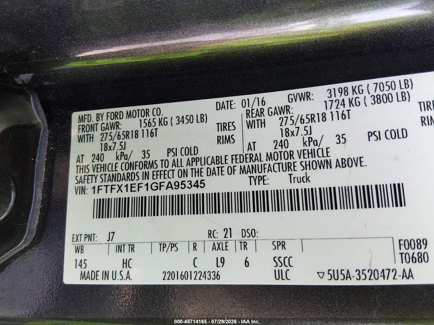 2016 FORD F-150 PICKUP 5.0L V8 FI DOHC 32V NF4