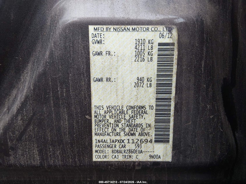 2013 NISSAN ALTIMA SEDAN 2.5L I-4 DOHC, VVT, 182HP