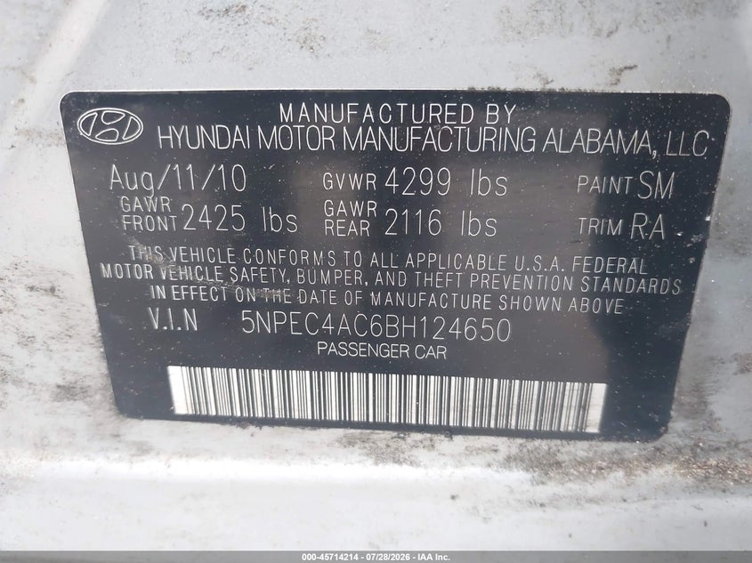2011 HYUNDAI SONATA SEDAN 2.4L I-4 DI, DOHC, VVT, 190HP