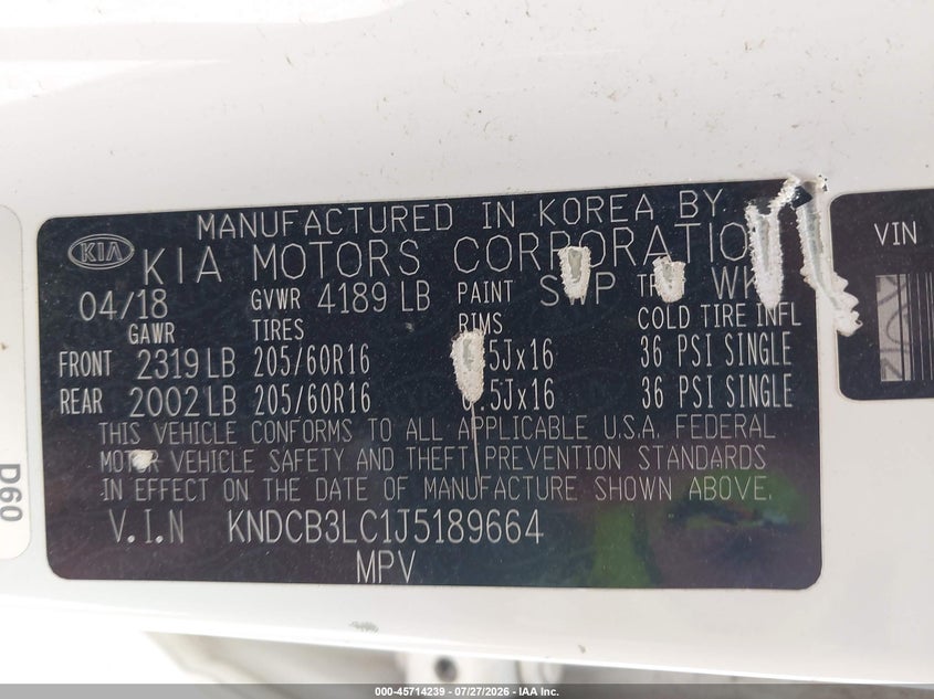 KIA NIRO 2018 VIN KNDCB3LC1J5189664