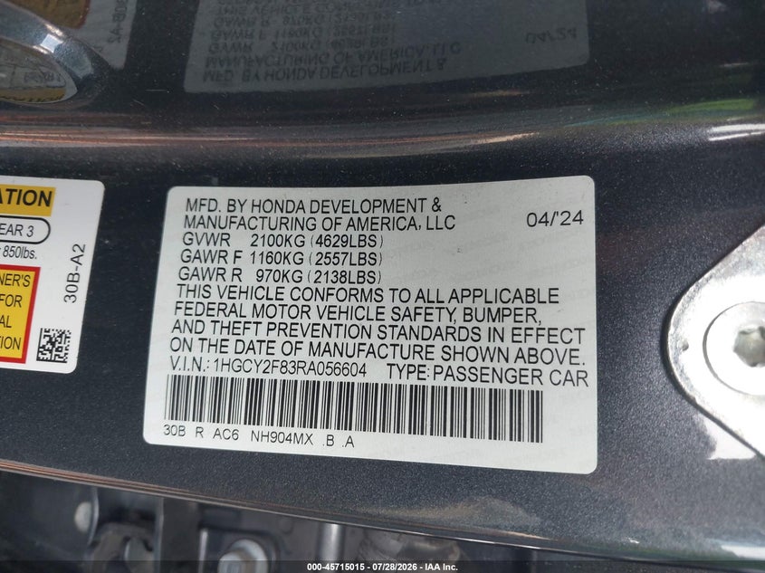 HONDA ACCORD HYBRID 2024 VIN 1HGCY2F83RA056604