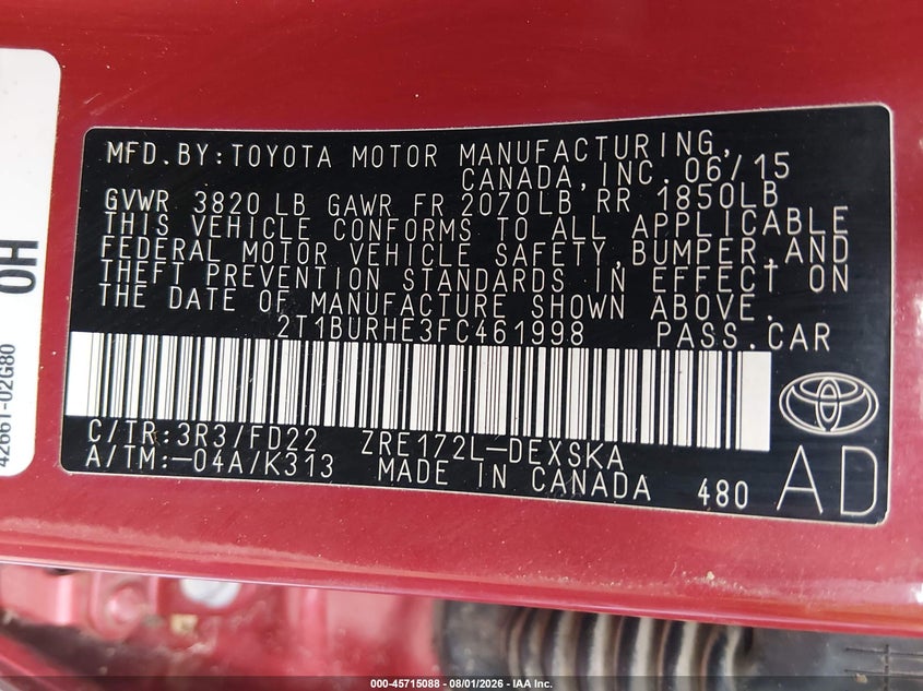 2015 TOYOTA COROLLA SEDAN 1.8L I-4 DOHC, VVT, 132HP