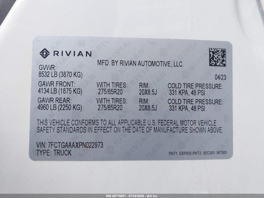 RIVIAN R1T 2023 VIN 7FCTGAAAXPN022973
