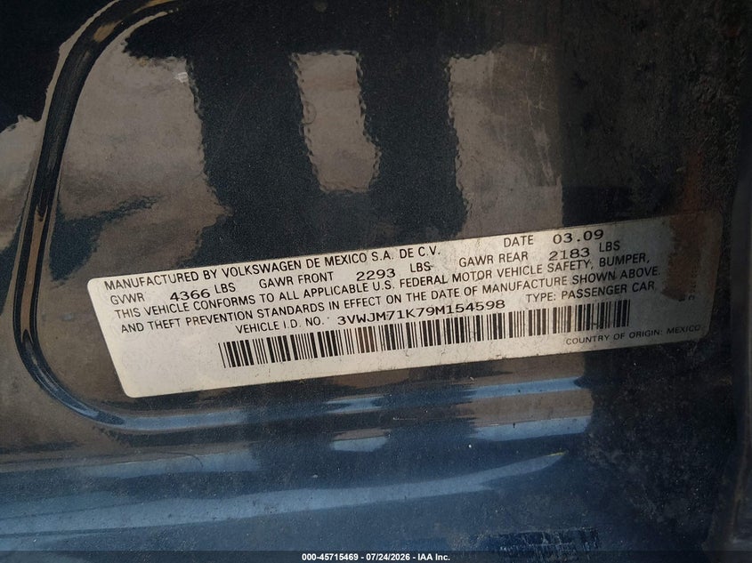 VOLKSWAGEN JETTA 2009 VIN 3VWJM71K79M154598