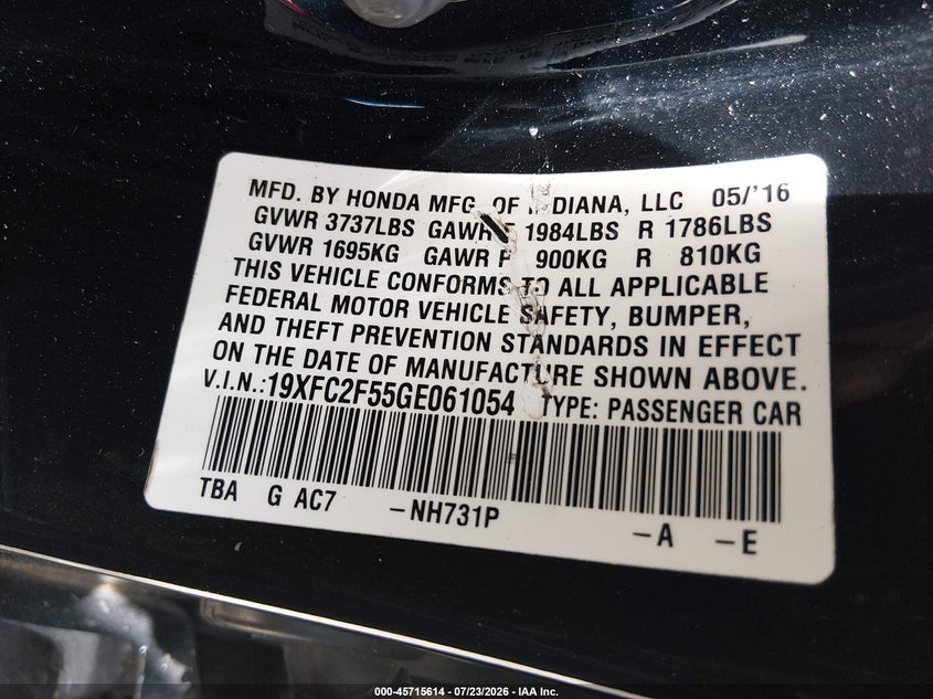 2016 HONDA CIVIC SEDAN 2.0L I-4 DOHC, VVT, 158HP