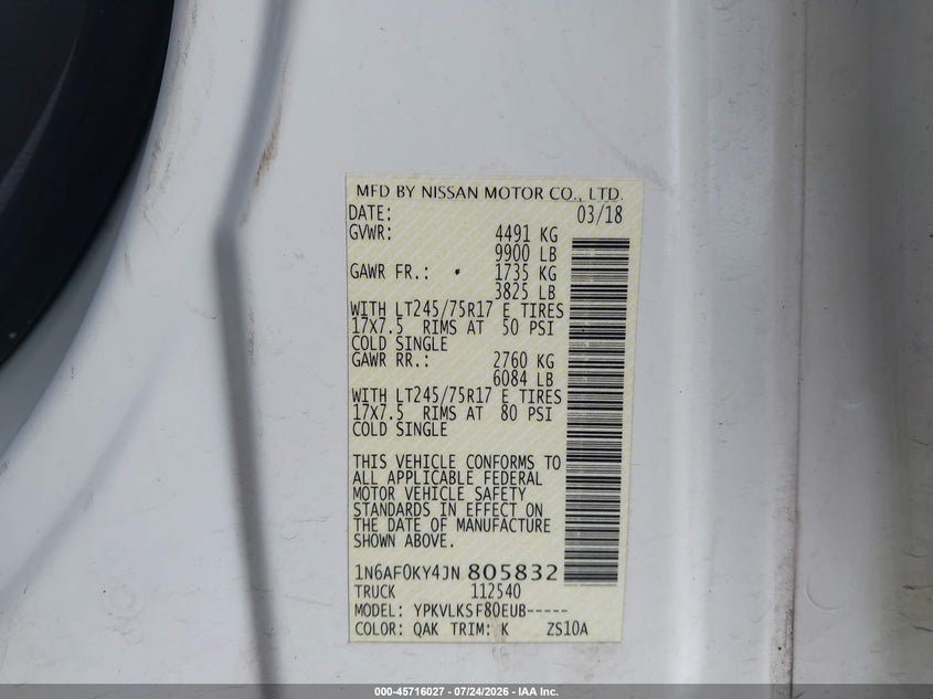 2018 NISSAN NV CARGO NV3500 HD auction photo 8