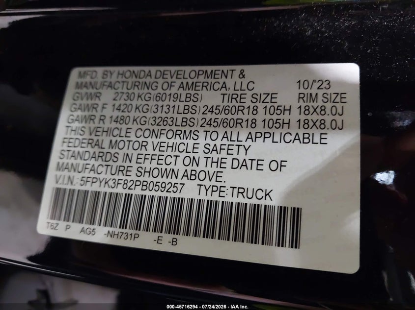 HONDA RIDGELINE 2023 VIN 5FPYK3F82PB059257