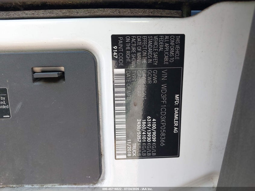 Vin: wd3pf1cd3kp058366, lot: 46215204, mercedes-benz sprinter 2500 high roof v6 20194