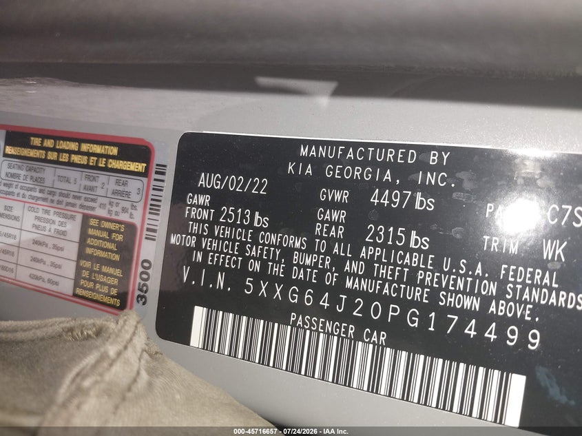 KIA K5 2023 VIN 5XXG64J20PG174499