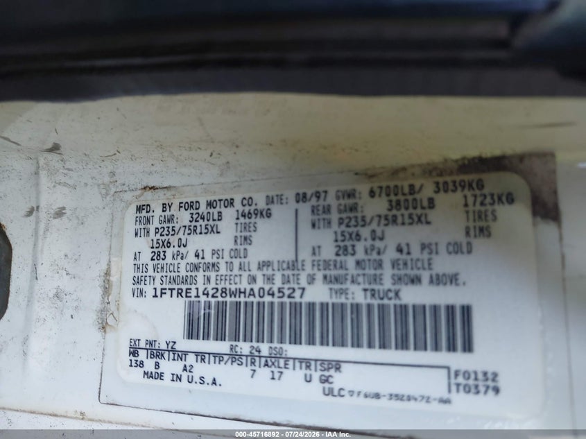 FORD ECONOLINE 1998 VIN 1FTRE1428WHA04527