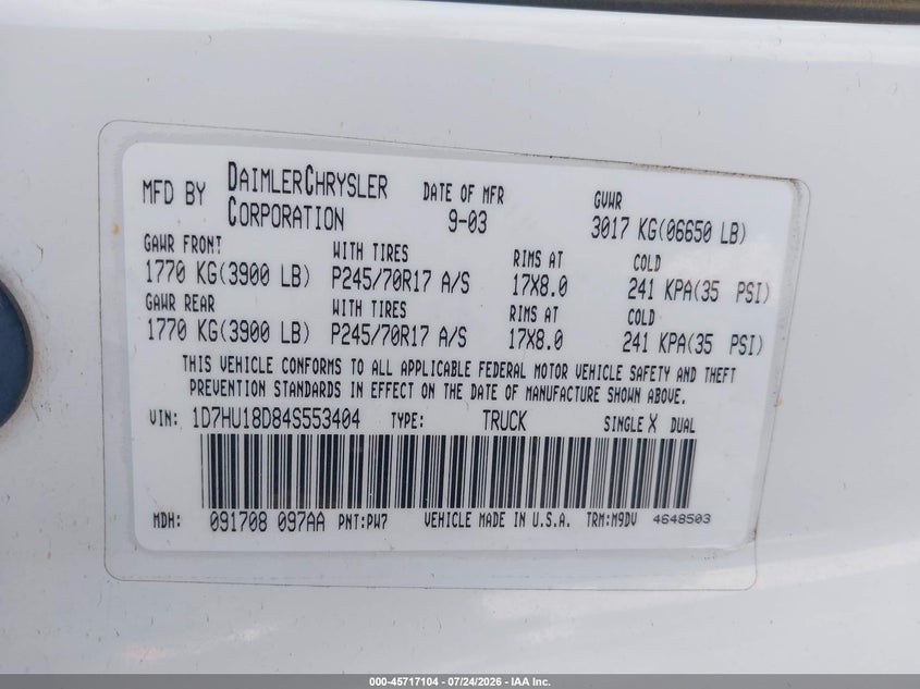 2004 DODGE RAM TRUCK 5.7L V-8 345HP