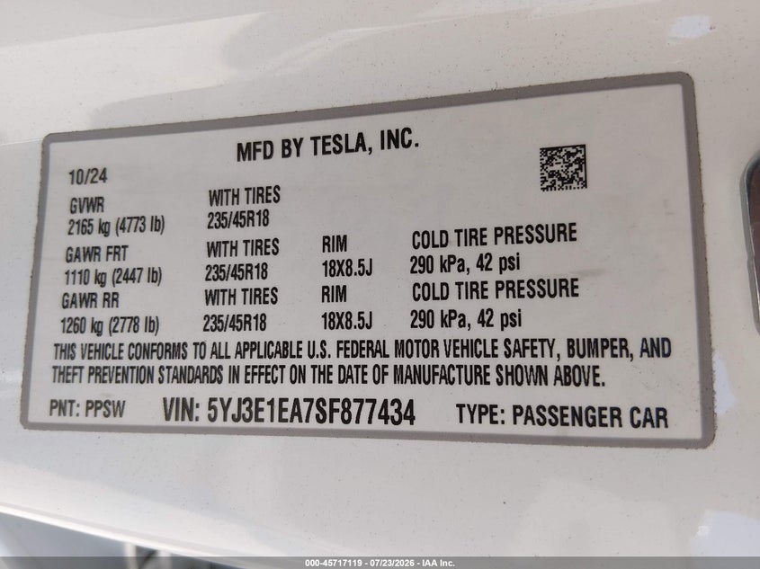 TESLA MODEL 3 2025 VIN 5YJ3E1EA7SF877434