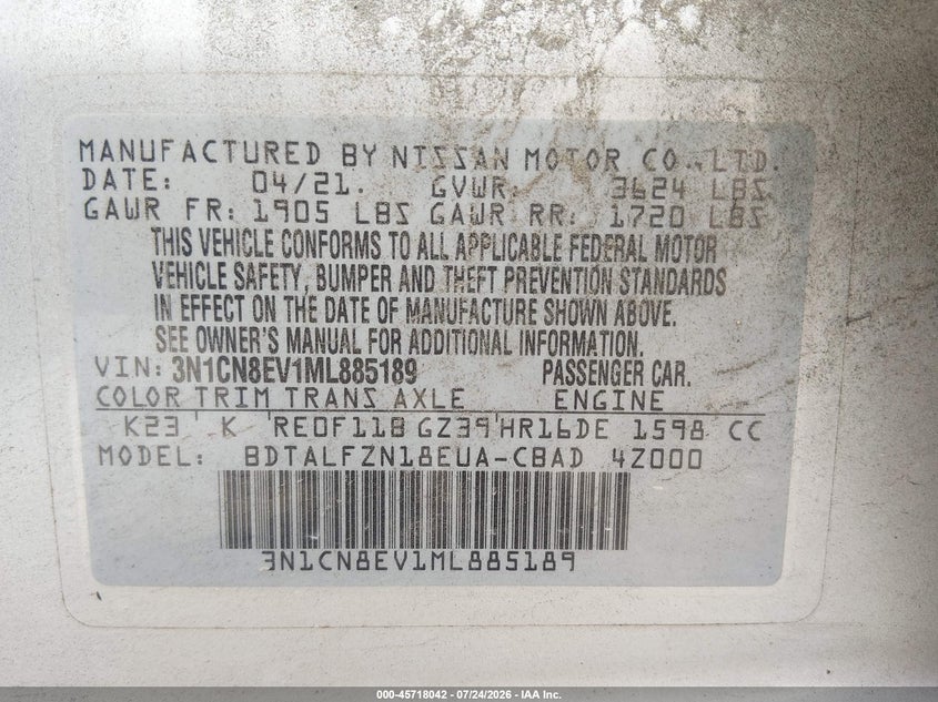 2021 NISSAN VERSA SEDAN 1.6L I-4 DOHC, VVT, 122HP