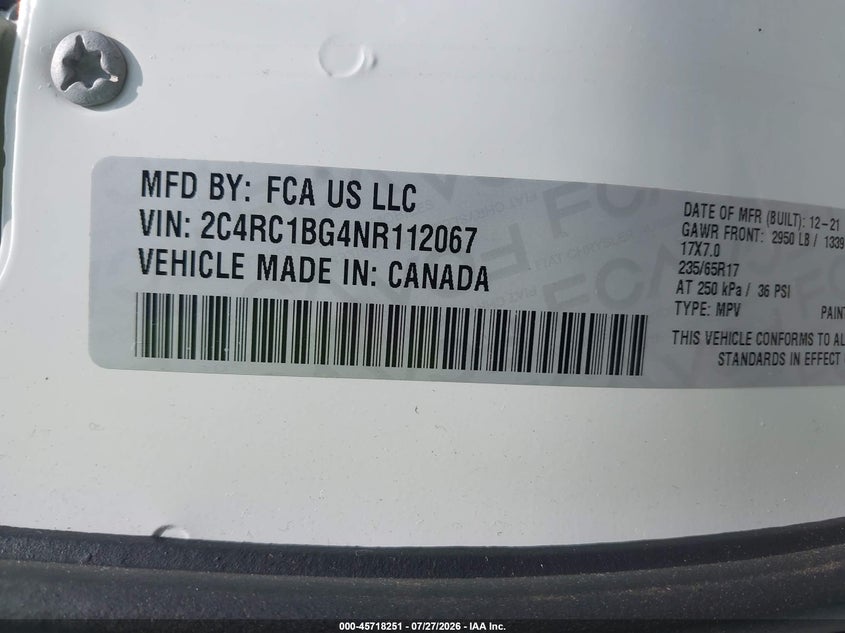 Vin: 2c4rc1bg4nr112067, lot: 46216933, chrysler pacifica touring l 20224