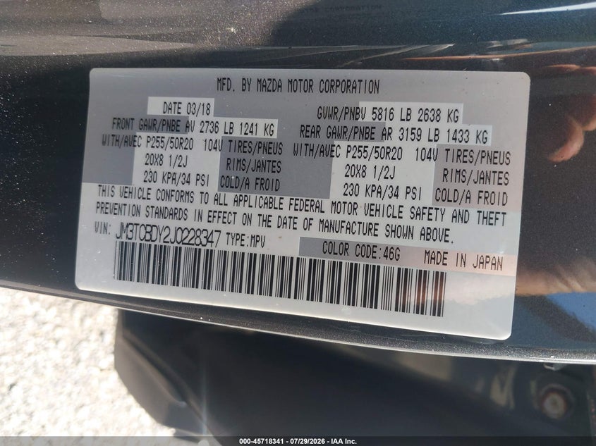 MAZDA CX-9 2018 VIN JM3TCBDY2J0228347