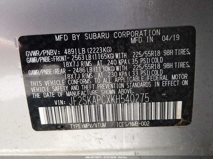 2019 SUBARU FORESTER SPORT UTILITY VEHICLE 2.5L H-4 DI, DOHC, VVT, 182HP