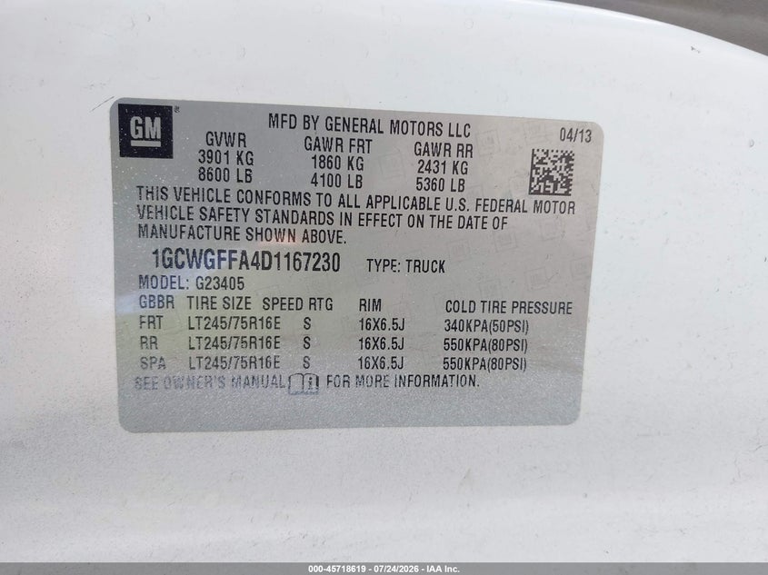 Vin: 1gcwgffa4d1167230, lot: 46217301, chevrolet express 2500 work van 20134