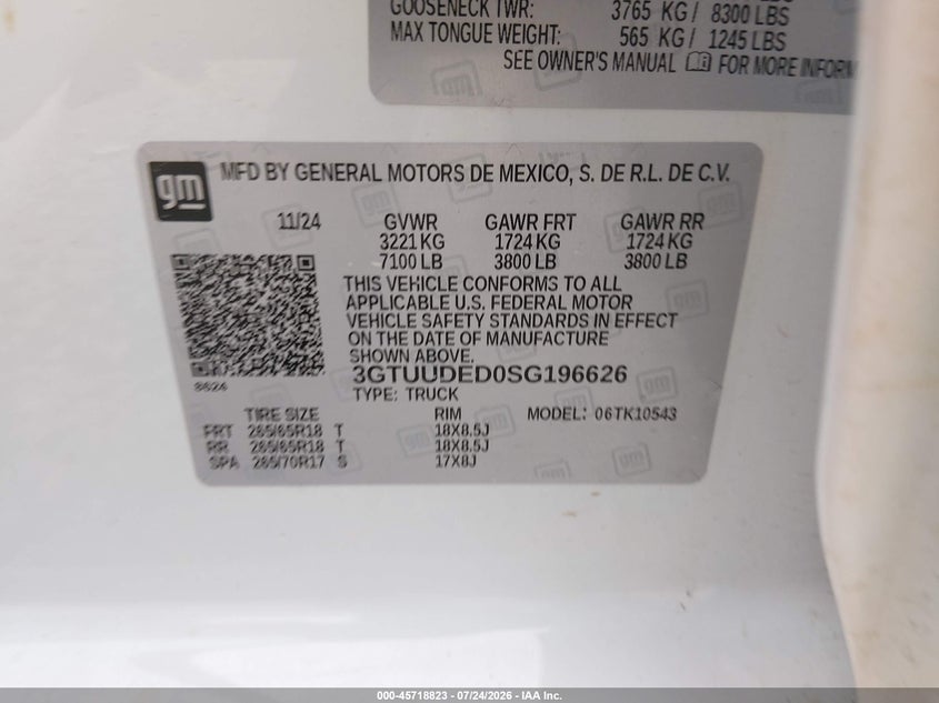 Vin: 3gtuuded0sg196626, lot: 46217505, gmc sierra 1500 4wd  short box slt 20254