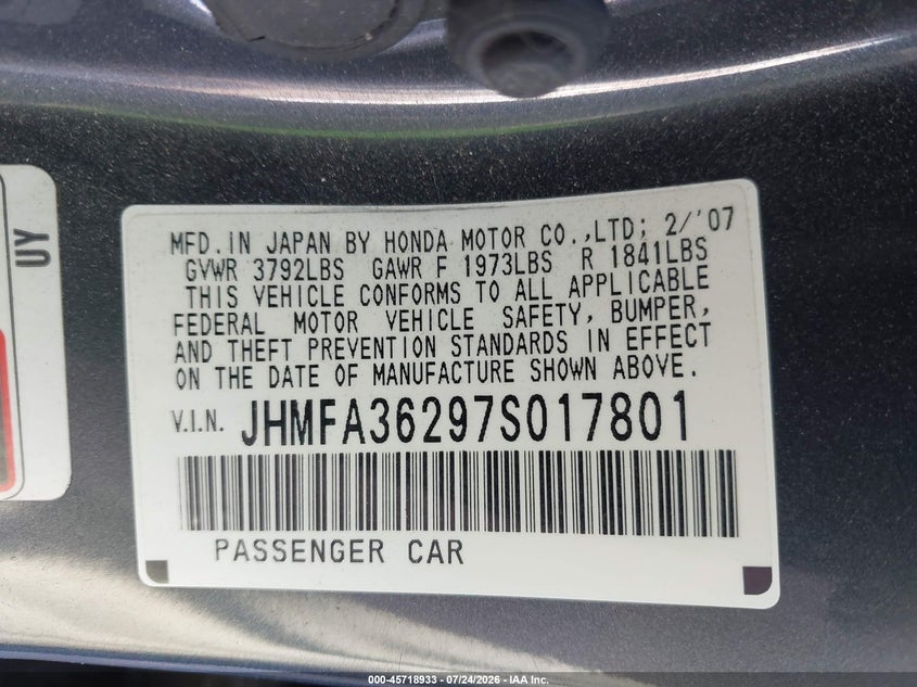 2007 HONDA CIVIC SEDAN 1.3L I-4 VVT, 93HP