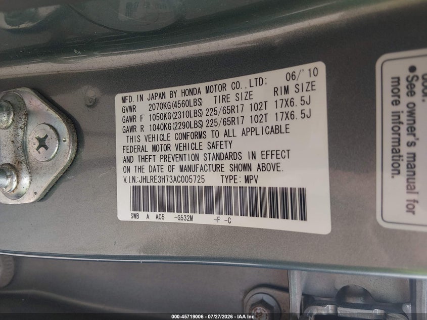 HONDA CR-V 2010 VIN JHLRE3H73AC005725
