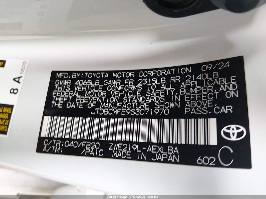 2025 TOYOTA COROLLA SEDAN 1.8L I-4 DOHC, VVT, 96HP