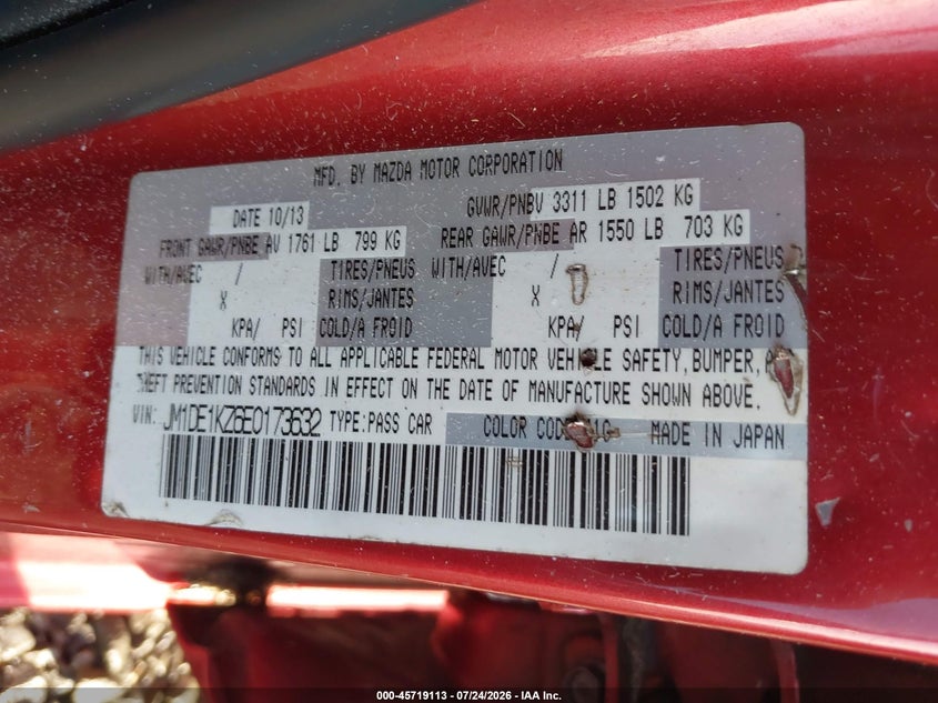 MAZDA MAZDA2 2014 VIN JM1DE1KZ6E0173632
