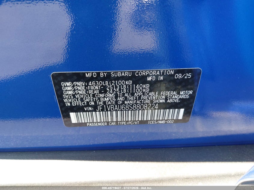 SUBARU WRX 2025 VIN JF1VBAU68S8808224