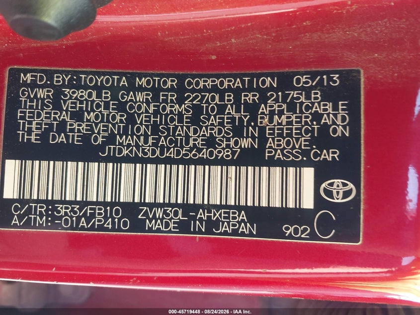 TOYOTA PRIUS 2013 VIN JTDKN3DU4D5640987