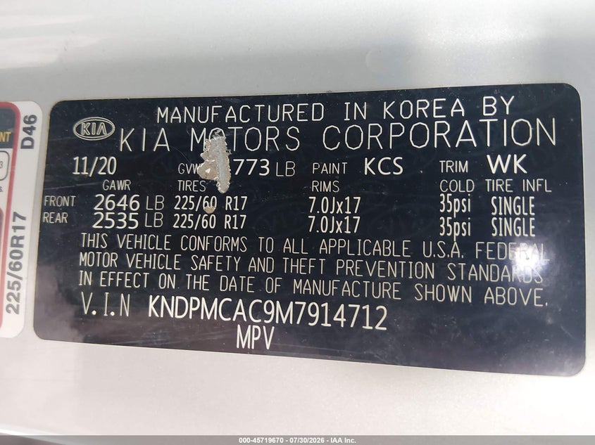 KIA SPORTAGE 2021 VIN KNDPMCAC9M7914712