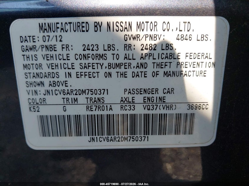 INFINITI G37X 2013 VIN JN1CV6AR2DM750371
