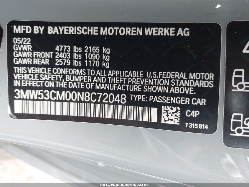 BMW M240 2022 VIN 3MW53CM00N8C72048