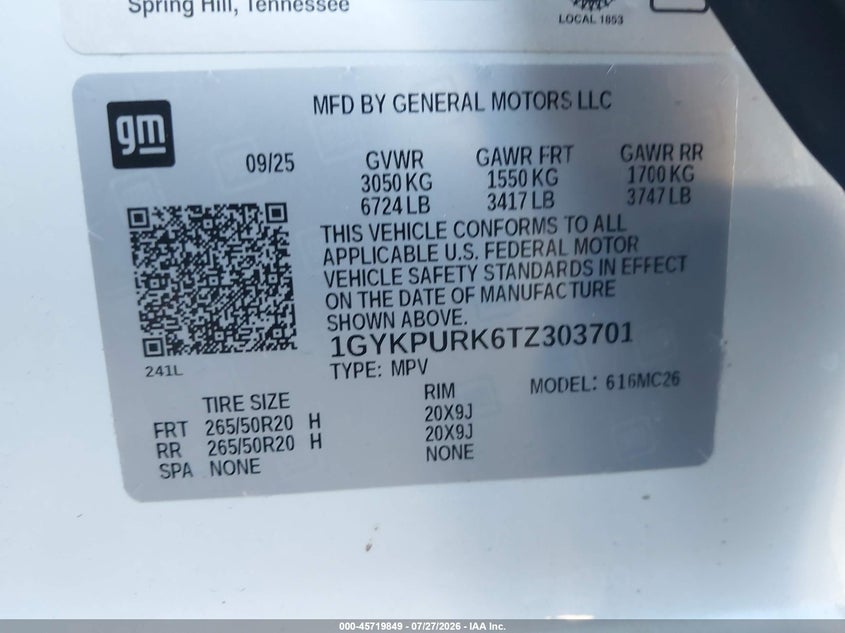 CADILLAC LYRIQ 2026 VIN 1GYKPURK6TZ303701