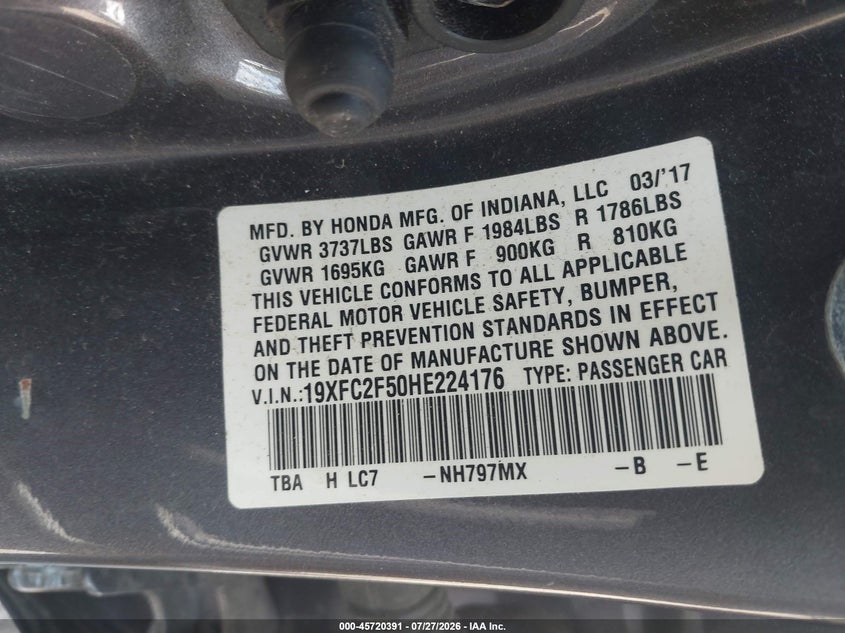 2017 HONDA CIVIC SEDAN 2.0L I-4 DOHC, VVT, 158HP