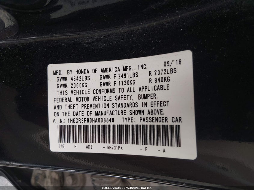 2017 HONDA ACCORD auction photo 8