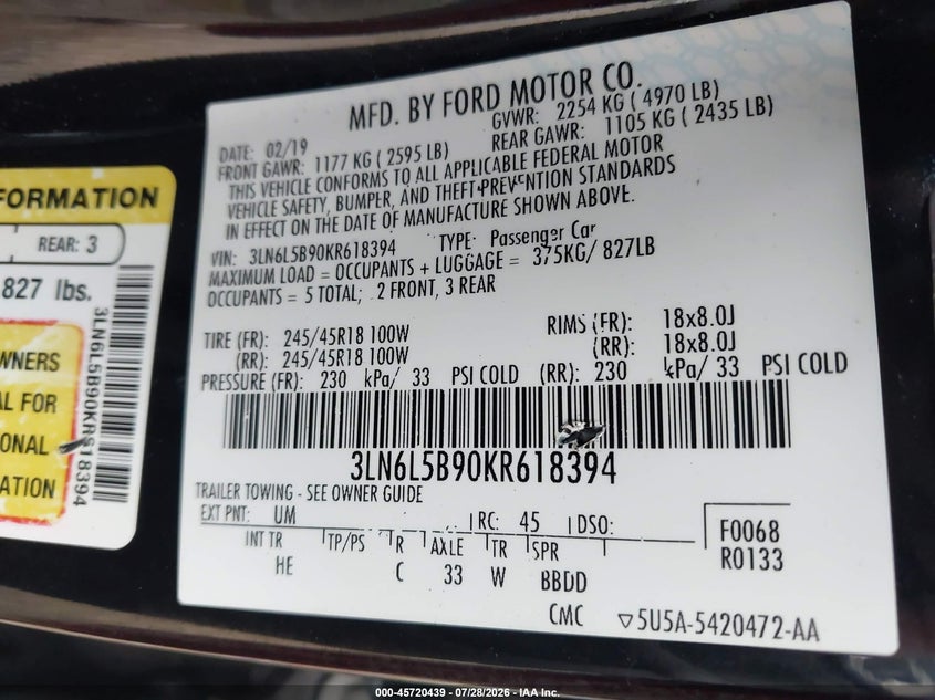 2019 LINCOLN MKZ SEDAN 2.0L I-4 DI, DOHC, VVT, TURBO, 245HP