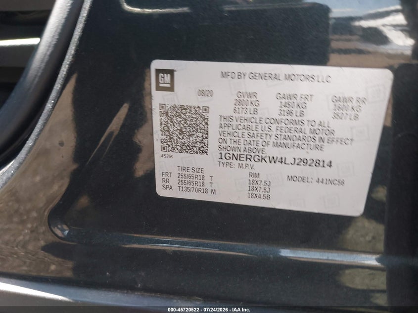 CHEVROLET TRAVERSE 2020 VIN 1GNERGKW4LJ292814