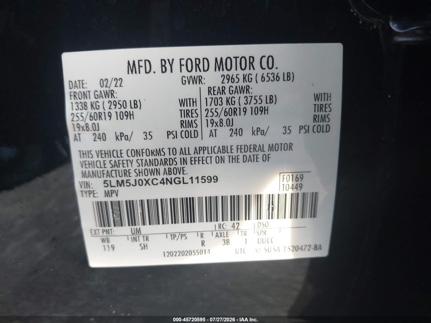 LINCOLN AVIATOR 2022 VIN 5LM5J0XC4NGL11599