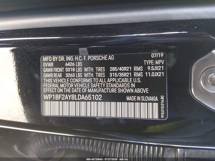 PORSCHE CAYENNE COUPE 2020 VIN WP1BF2AY8LDA65102