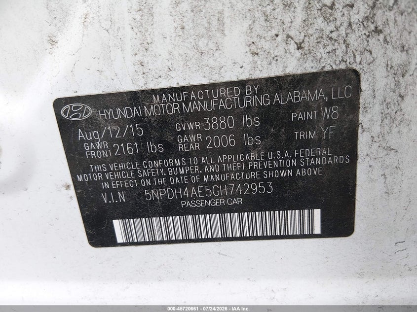 HYUNDAI ELANTRA 2016 VIN 5NPDH4AE5GH742953