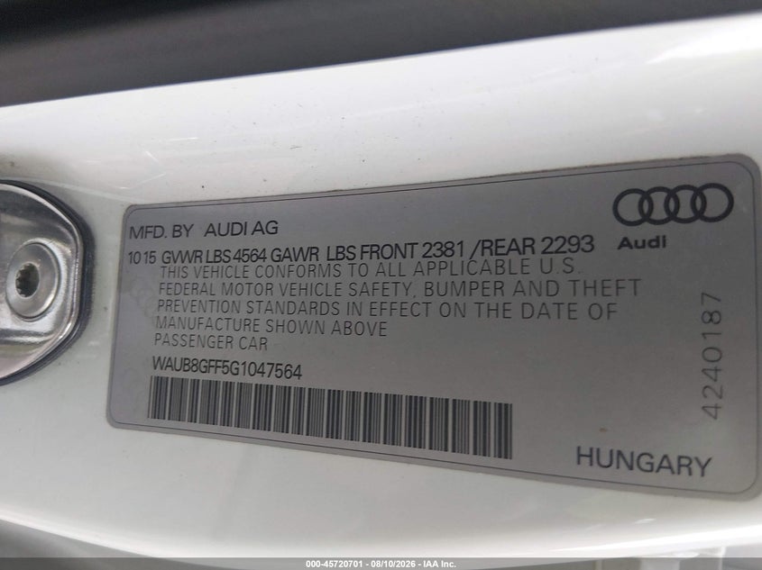 AUDI A3 2016 VIN WAUB8GFF5G1047564