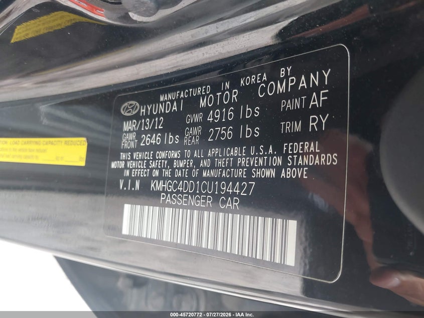 HYUNDAI GENESIS 2012 VIN KMHGC4DD1CU194427